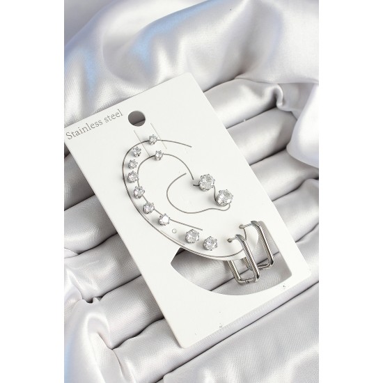 316L Çelik Dikdörtgen Figürlü Ve Zirkon Taşlı Gümüş Renk 7'li Çift Kadın Küpe Set - TJ-BKP10638