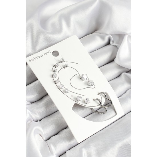 316L Çelik Kalp Figürlü Ve Zirkon Taşlı Gümüş Renk 7'li Çift Kadın Küpe Set - TJ-BKP10639