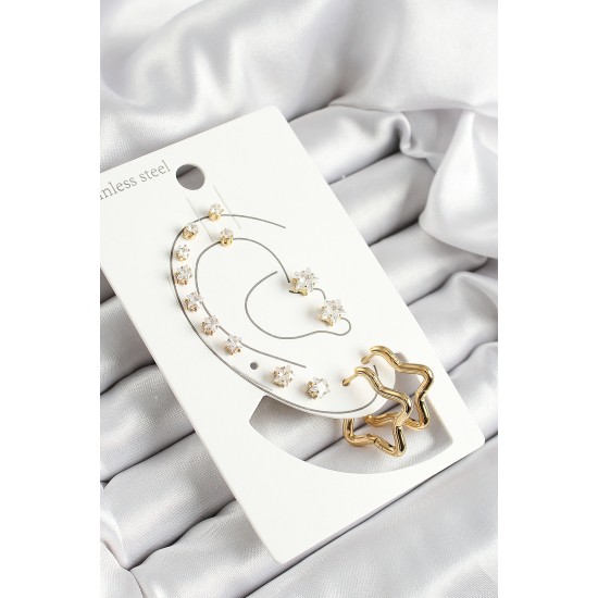 316L Çelik Yıldız Figürlü Ve Zirkon Taşlı Gold Renk 7'li Çift Kadın Küpe Set - TJ-BKP10640