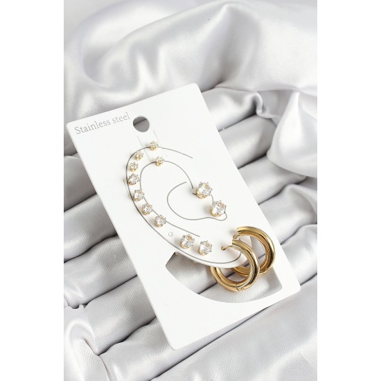 316L Çelik Halka Figürlü Ve Zirkon Taşlı Gold Renk 7'li Çift Kadın Küpe Set - TJ-BKP10641