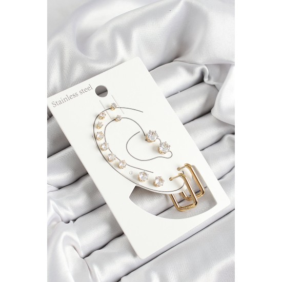 316L Çelik Dikdörtgen Figürlü Ve Zirkon Taşlı Gold Renk 7'li Çift Kadın Küpe Set - TJ-BKP10642