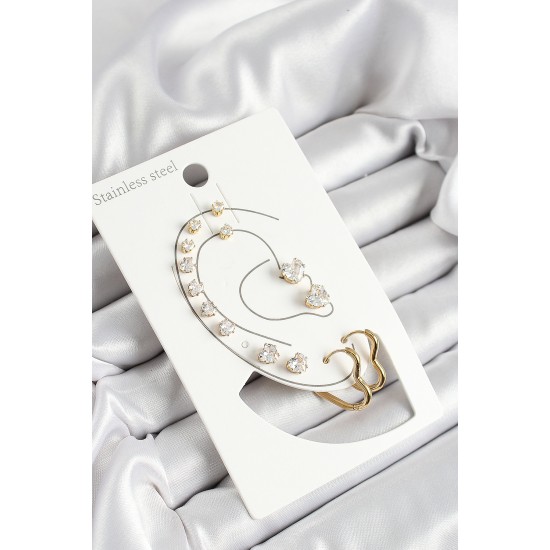 316L Çelik Kalp Figürlü Ve Zirkon Taşlı Gold Renk 7'li Çift Kadın Küpe Set - TJ-BKP10643