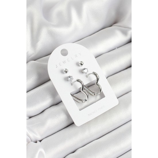Pirinç Zirkon Taş Ve Kalp Figürlü Gümüş Renk 3'lü Çift Kadın Küpe Set - TJ-BKP10644