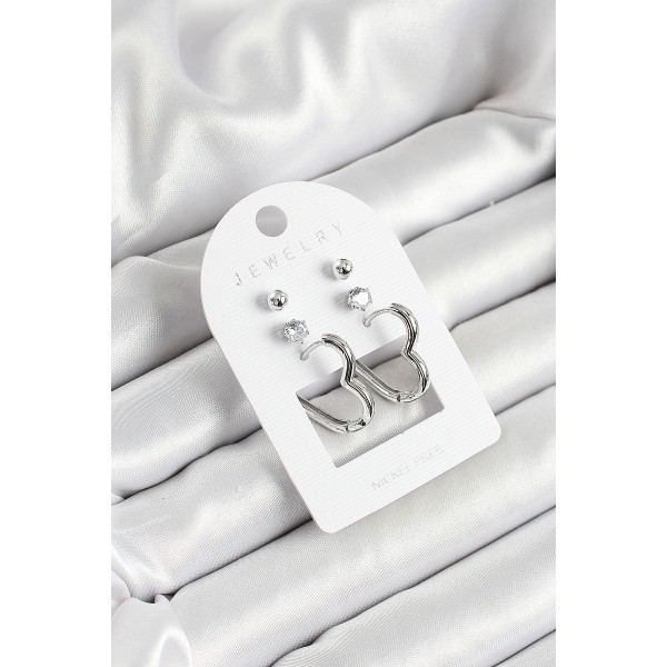 Pirinç Zirkon Taş Ve Kalp Figürlü Gümüş Renk 3'lü Çift Kadın Küpe Set - TJ-BKP10644