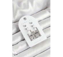 Pirinç Zirkon Taş Ve Dikdörtgen Figürlü Gümüş Renk 3'lü Çift Kadın Küpe Set - TJ-BKP10645