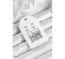 Pirinç Zirkon Taş Ve Dikdörtgen Figürlü Gümüş Renk 3'lü Çift Kadın Küpe Set - TJ-BKP10645