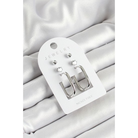 Pirinç Zirkon Taş Ve Dikdörtgen Figürlü Gümüş Renk 3'lü Çift Kadın Küpe Set - TJ-BKP10645