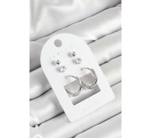Pirinç Zirkon Taş Ve Halka Figürlü Gümüş Renk 3'lü Çift Kadın Küpe Set - TJ-BKP10646