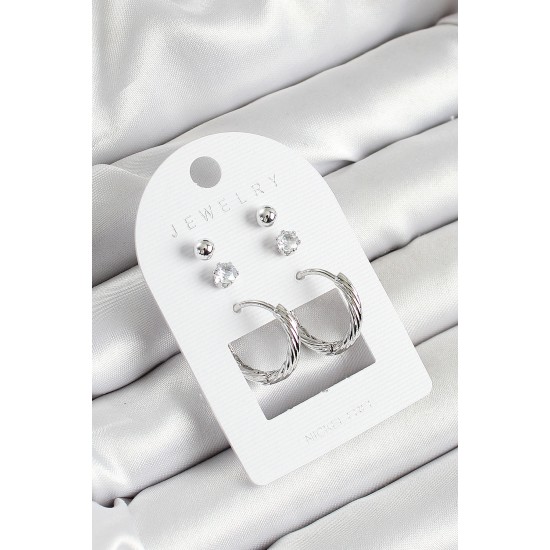 Pirinç Zirkon Taş Ve Halka Figürlü Gümüş Renk 3'lü Çift Kadın Küpe Set - TJ-BKP10646