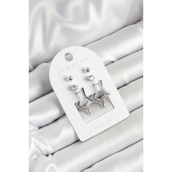 Pirinç Zirkon Taş Ve Yıldız Figürlü Gümüş Renk 3'lü Çift Kadın Küpe Set - TJ-BKP10647