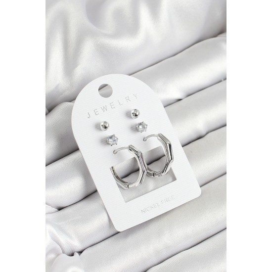 Pirinç Zirkon Taş Ve Kemik Halka Figürlü Gümüş Renk 3'lü Çift Kadın Küpe Set - TJ-BKP10648