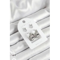 Pirinç Zirkon Taş Ve Halka Figürlü Gümüş Renk 3'lü Çift Kadın Küpe Set TJ-BKP10649