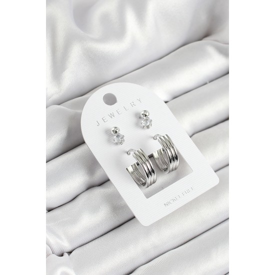 Pirinç Zirkon Taş Ve Halka Figürlü Gümüş Renk 3'lü Çift Kadın Küpe Set - TJ-BKP10649