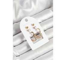 Pirinç Zirkon Taş Ve Kalp Figürlü Gold Renk 3'lü Çift Kadın Küpe Set - TJ-BKP10650