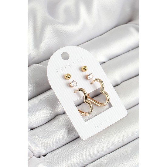 Pirinç Zirkon Taş Ve Kalp Figürlü Gold Renk 3'lü Çift Kadın Küpe Set - TJ-BKP10650