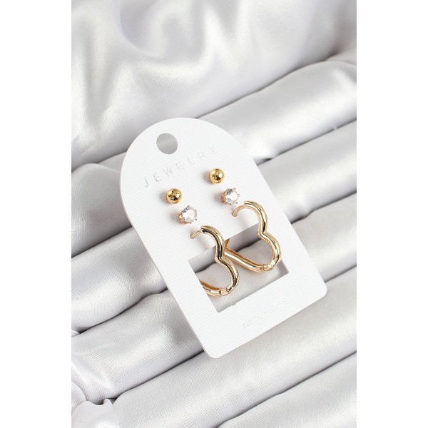 Pirinç Zirkon Taş Ve Kalp Figürlü Gold Renk 3'lü Çift Kadın Küpe Set - TJ-BKP10650