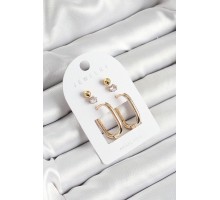 Pirinç Zirkon Taş Ve Dikdörtgen Figürlü Gold Renk 3'lü Çift Kadın Küpe Set - TJ-BKP10651