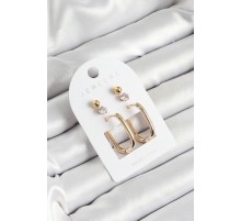 Pirinç Zirkon Taş Ve Dikdörtgen Figürlü Gold Renk 3'lü Çift Kadın Küpe Set - TJ-BKP10651