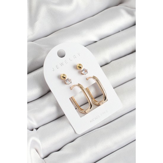 Pirinç Zirkon Taş Ve Dikdörtgen Figürlü Gold Renk 3'lü Çift Kadın Küpe Set - TJ-BKP10651