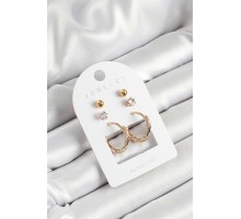 Pirinç Zirkon Taş Ve Halka Figürlü Gold Renk 3'lü Çift Kadın Küpe Set - TJ-BKP10652