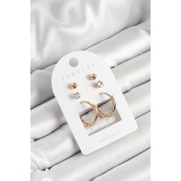 Pirinç Zirkon Taş Ve Halka Figürlü Gold Renk 3'lü Çift Kadın Küpe Set TJ-BKP10652