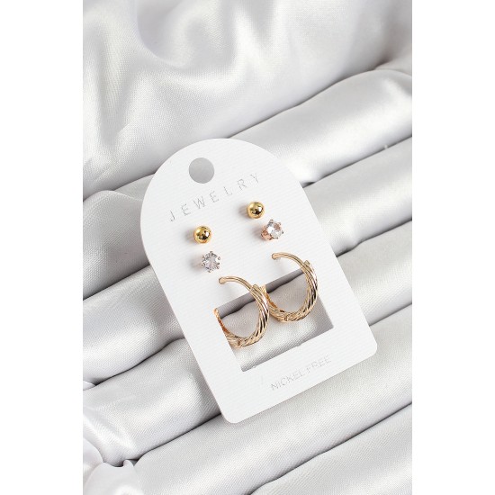Pirinç Zirkon Taş Ve Halka Figürlü Gold Renk 3'lü Çift Kadın Küpe Set - TJ-BKP10652