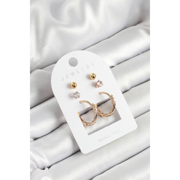 Pirinç Zirkon Taş Ve Halka Figürlü Gold Renk 3'lü Çift Kadın Küpe Set - TJ-BKP10652