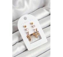 Pirinç Zirkon Taş Ve Yıldız Figürlü Gold Renk 3'lü Çift Kadın Küpe Set - TJ-BKP10653