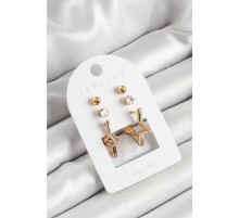 Pirinç Zirkon Taş Ve Yıldız Figürlü Gold Renk 3'lü Çift Kadın Küpe Set - TJ-BKP10653