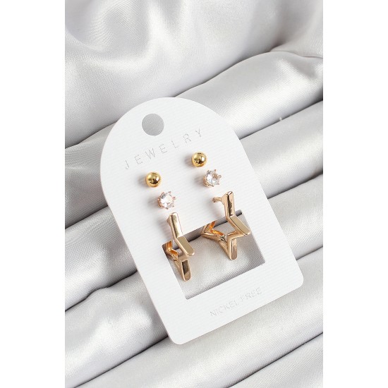 Pirinç Zirkon Taş Ve Yıldız Figürlü Gold Renk 3'lü Çift Kadın Küpe Set - TJ-BKP10653