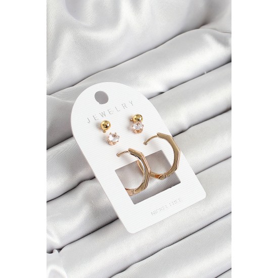 Pirinç Zirkon Taş Ve Kemik Halka Figürlü Gold Renk 3'lü Çift Kadın Küpe Set - TJ-BKP10654