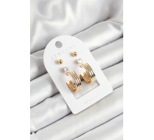 Pirinç Zirkon Taş Ve Halka Figürlü Gold Renk 3'lü Çift Kadın Küpe Set - TJ-BKP10655