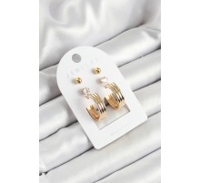 Pirinç Zirkon Taş Ve Halka Figürlü Gold Renk 3'lü Çift Kadın Küpe Set - TJ-BKP10655