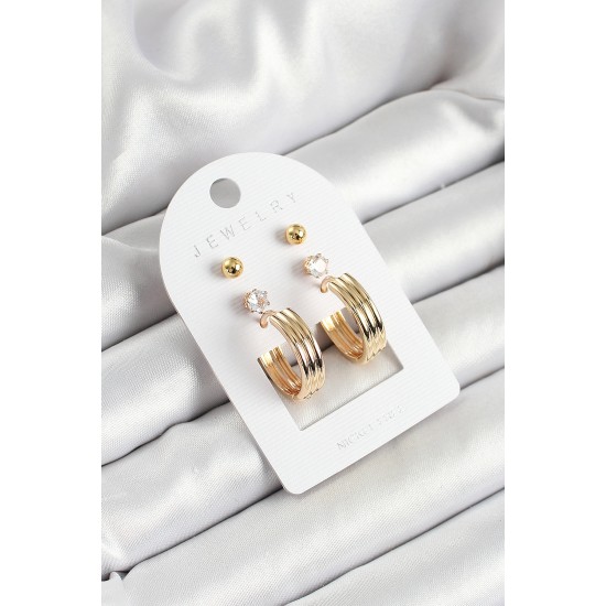 Pirinç Zirkon Taş Ve Halka Figürlü Gold Renk 3'lü Çift Kadın Küpe Set - TJ-BKP10655