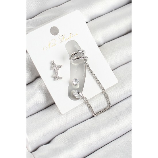 Pirinç Kelebek Figürlü Zirkon Taşlı Gümüş Renk 3'lü Kıkırdak Kadın Küpe Set - TJ-BKP10656