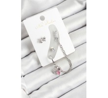 Pirinç Fiyonk ve Kalp Figürlü Zirkon Taşlı Gümüş Renk 3'lü Kıkırdak Kadın Küpe Set - TJ-BKP10657