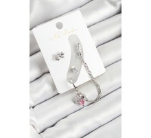 Pirinç Fiyonk ve Kalp Figürlü Zirkon Taşlı Gümüş Renk 3'lü Kıkırdak Kadın Küpe Set - TJ-BKP10657