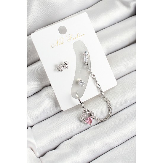 Pirinç Fiyonk ve Kalp Figürlü Zirkon Taşlı Gümüş Renk 3'lü Kıkırdak Kadın Küpe Set - TJ-BKP10657
