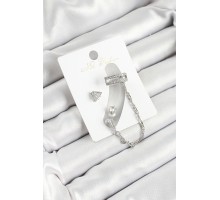 Pirinç Üçgen Figürlü Zirkon Taşlı Gümüş Renk 3'lü Kıkırdak Kadın Küpe Set - TJ-BKP10658