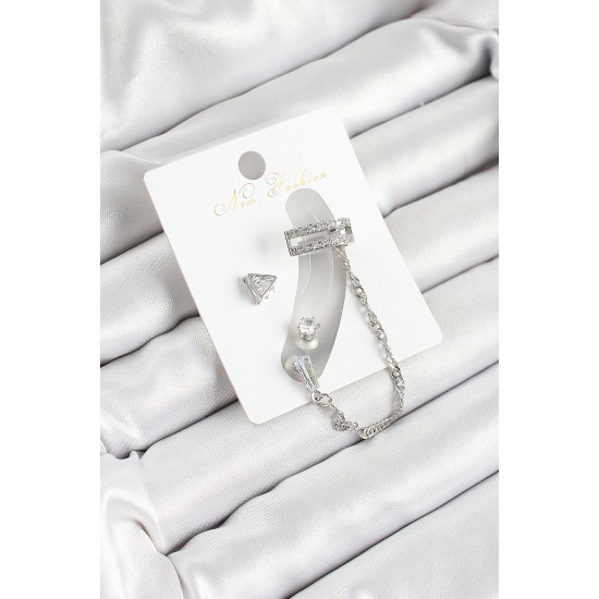 Pirinç Üçgen Figürlü Zirkon Taşlı Gümüş Renk 3'lü Kıkırdak Kadın Küpe Set - TJ-BKP10658