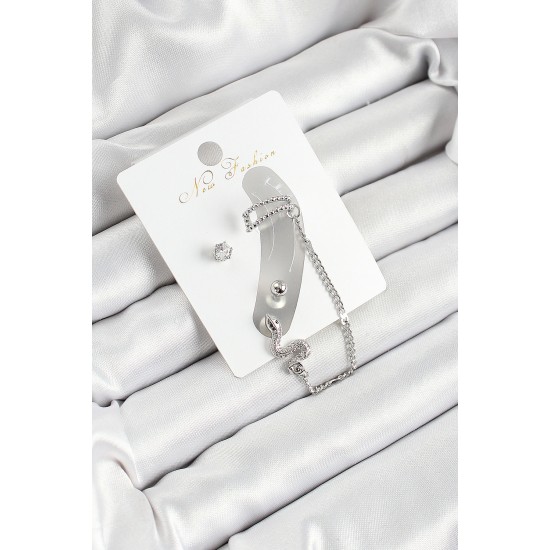 Pirinç Yılan Figürlü Zirkon Taşlı Gümüş Renk 3'lü Kıkırdak Kadın Küpe Set - TJ-BKP10660