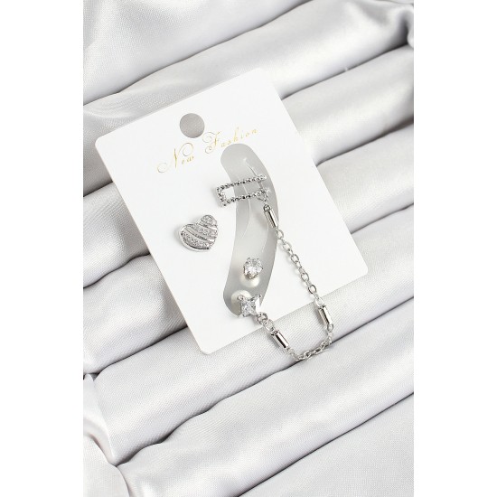 Pirinç Kalp Figürlü Zirkon Taşlı Gümüş Renk 3'lü Kıkırdak Kadın Küpe Set - TJ-BKP10661