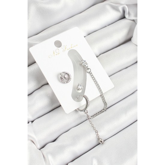 Pirinç Halka Figürlü Zirkon Taşlı Gümüş Renk 3'lü Kıkırdak Kadın Küpe Set - TJ-BKP10662