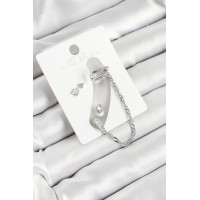 Pirinç Ok Figürlü Zirkon Taşlı Gümüş Renk 3'lü Kıkırdak Kadın Küpe Set TJ-BKP10663
