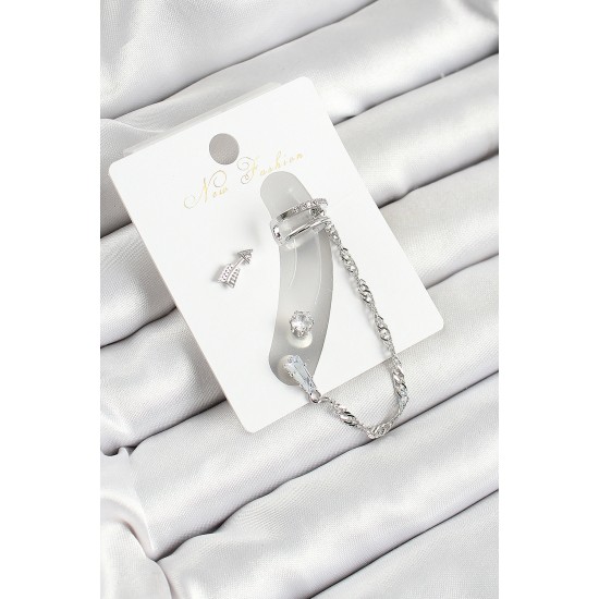 Pirinç Ok Figürlü Zirkon Taşlı Gümüş Renk 3'lü Kıkırdak Kadın Küpe Set - TJ-BKP10663