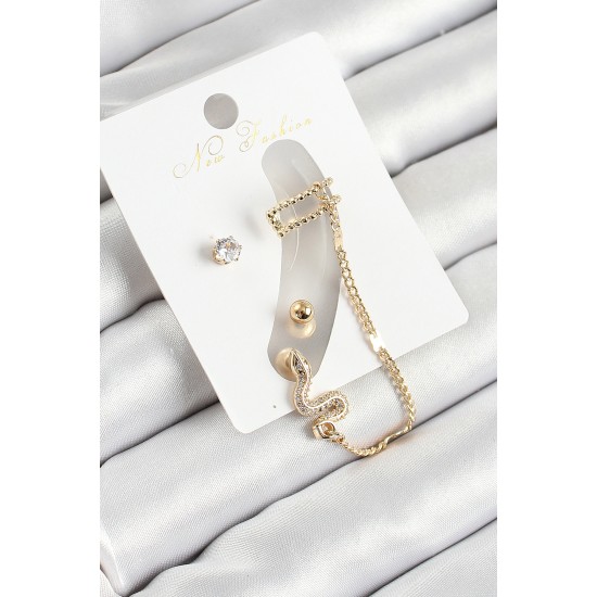 Pirinç Yılan Figürlü Zirkon Taşlı Gold Renk 3'lü Kıkırdak Kadın Küpe Set - TJ-BKP10664
