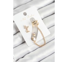 Pirinç Kelebek Figürlü Zirkon Taşlı Gold Renk 3'lü Kıkırdak Kadın Küpe Set - TJ-BKP10665