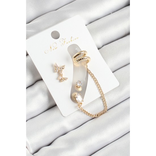 Pirinç Kelebek Figürlü Zirkon Taşlı Gold Renk 3'lü Kıkırdak Kadın Küpe Set - TJ-BKP10665