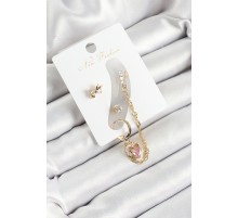 Pirinç Fiyonk ve Kalp Figürlü Zirkon Taşlı Gold Renk 3'lü Kıkırdak Kadın Küpe Set - TJ-BKP10666