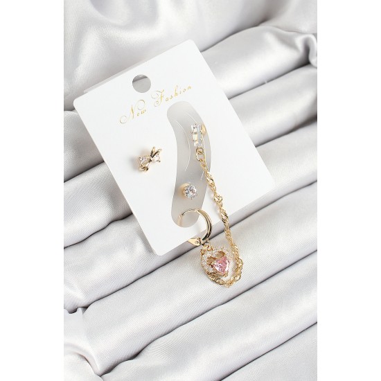 Pirinç Fiyonk ve Kalp Figürlü Zirkon Taşlı Gold Renk 3'lü Kıkırdak Kadın Küpe Set - TJ-BKP10666